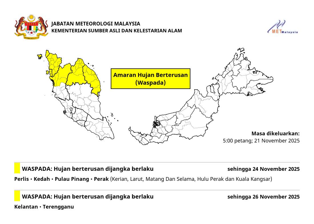Amaran hujan waspada MetMalaysia