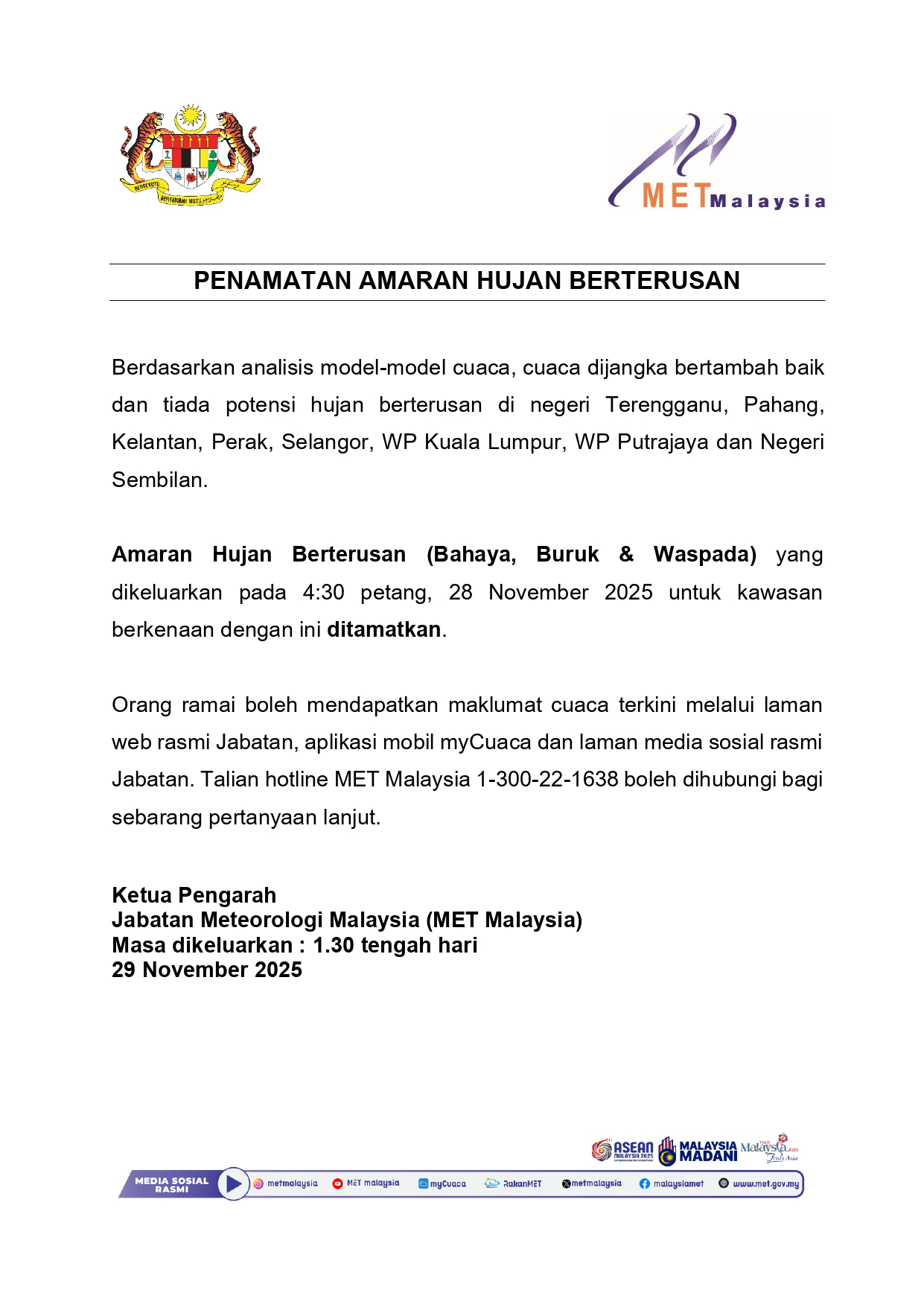 Met Malaysia penamatan amaran hujan berterusan