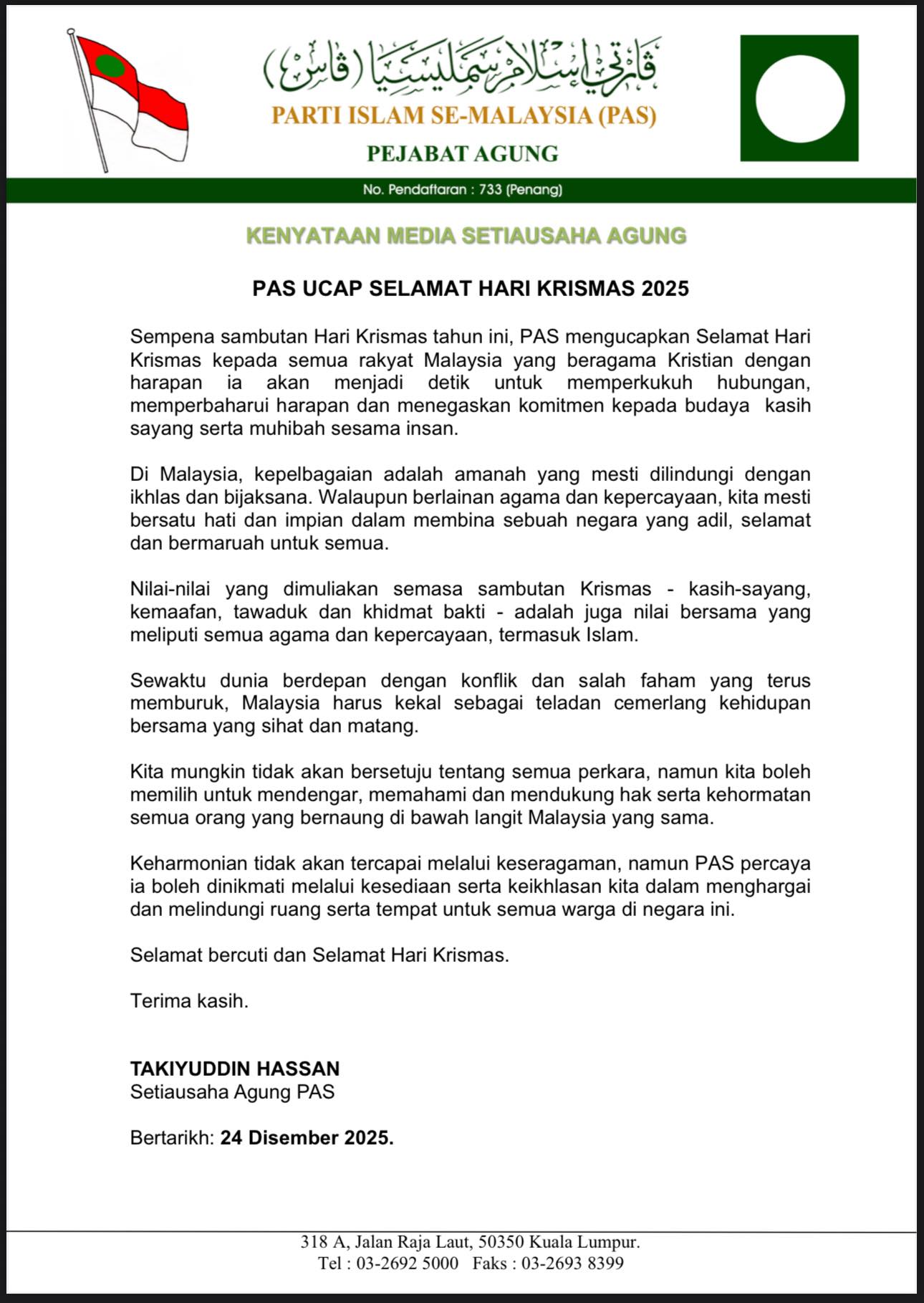 Ucapan Krismas dari PAS