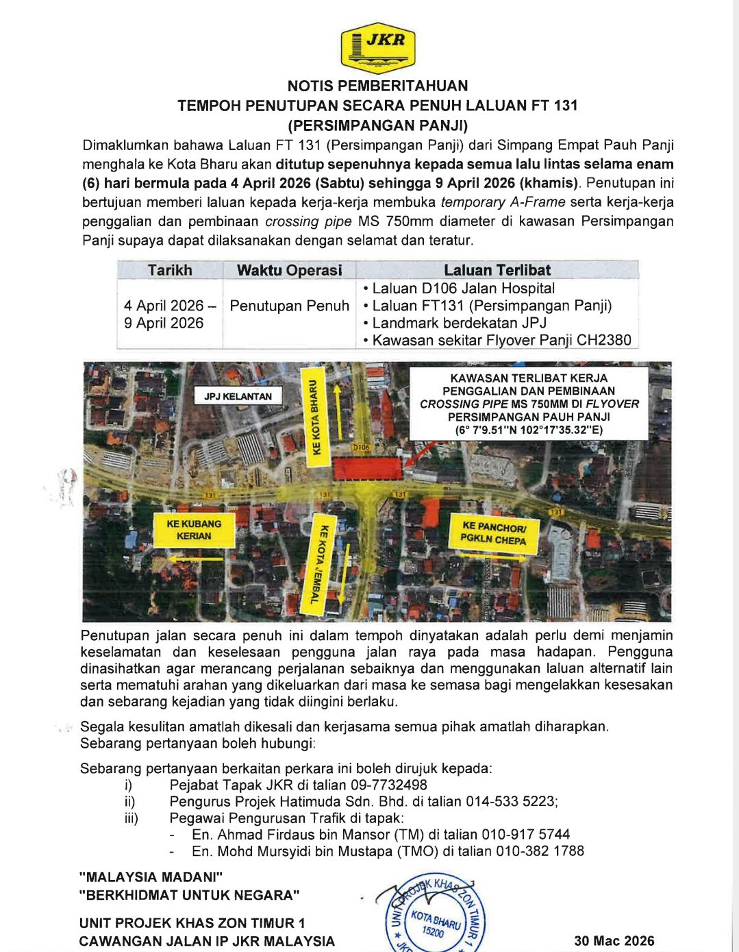 notis JKR penutupan persimpangan pauh panji kota bharu