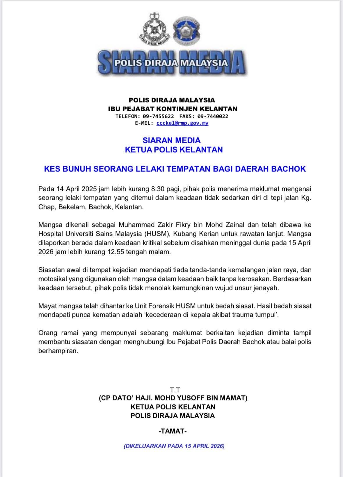 Siaran media polis kelantan kes bunuh pemuda oku bachok