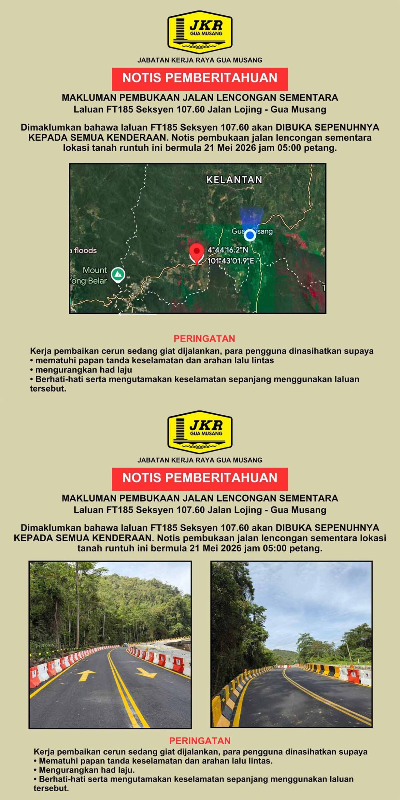 notis jkr pembukaan jalan lojing gua musang